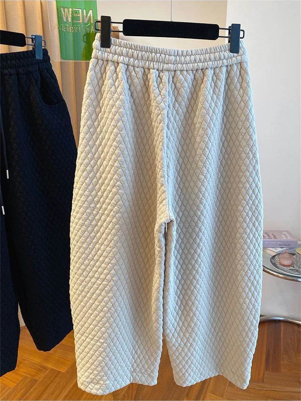 High Waisted Winter Warm Quilted Wide Leg Pants Women Plaid Black Casual Loose Trousers Autumn Elegant Formal Pants Add Cotton