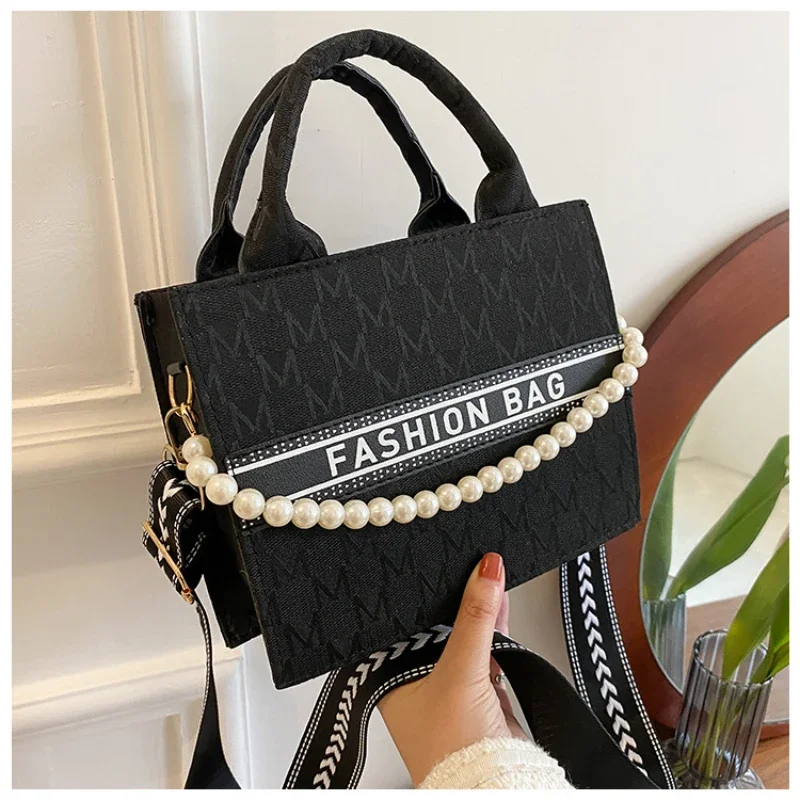 Women\'s Square Pearl Chain Bag Large-capacity Tote Bag New Western Style Letter Printing  Shoulder Bag Trendy Messenger Bag