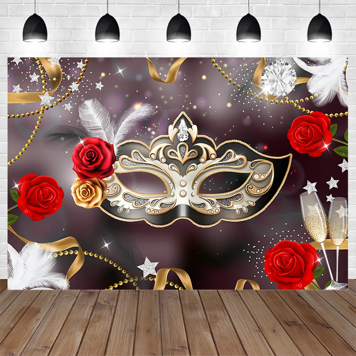 Celebration Mardi Gras Festival Party Decoration Background Banner Mask Rose Shining Backdrop Adult Girl Women Photo Studio Prop