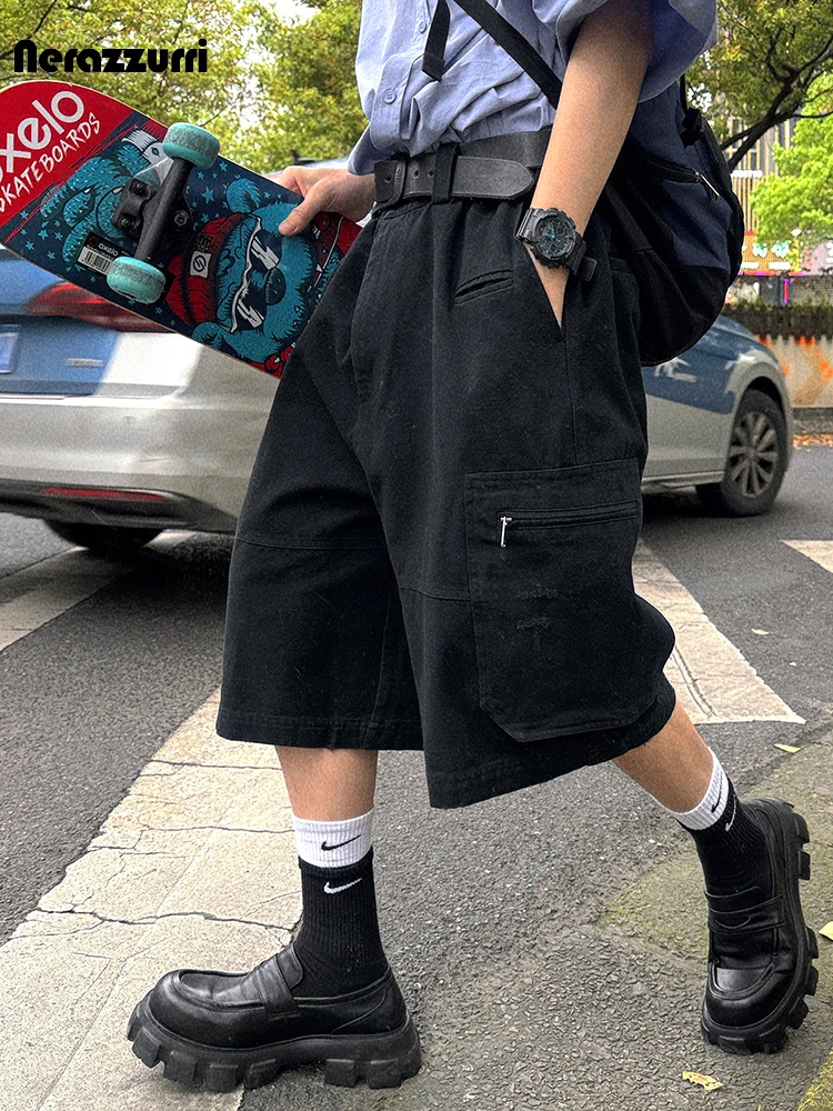 

Nerazzurri Summer Distressed Black Shorts for Men with Elastic High Waist Knee Length Wide Leg Pants Menswear Clothes 2026