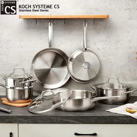KOCH SYSTEME CS 10 Piece Pots and Pan Set Stainless Steel Kitchen Cookware Set Sauce pan Frying pan Stewpan Breakfast Steak frying pan Family Cooking Pots Induction Compatible