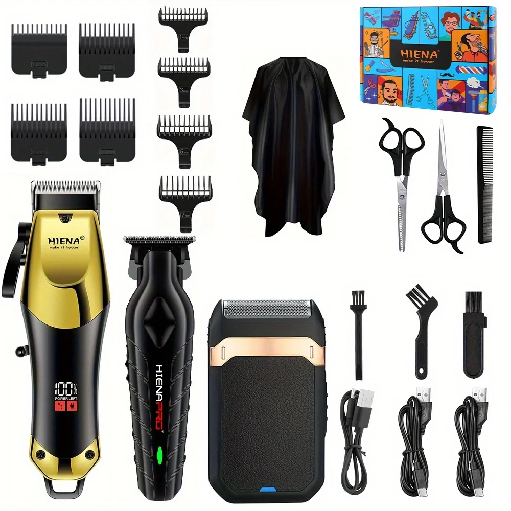 Professional men\'s electric hair clipper set, USB charging cordless work, LED intelligent display, T-knife zero gap cutting,