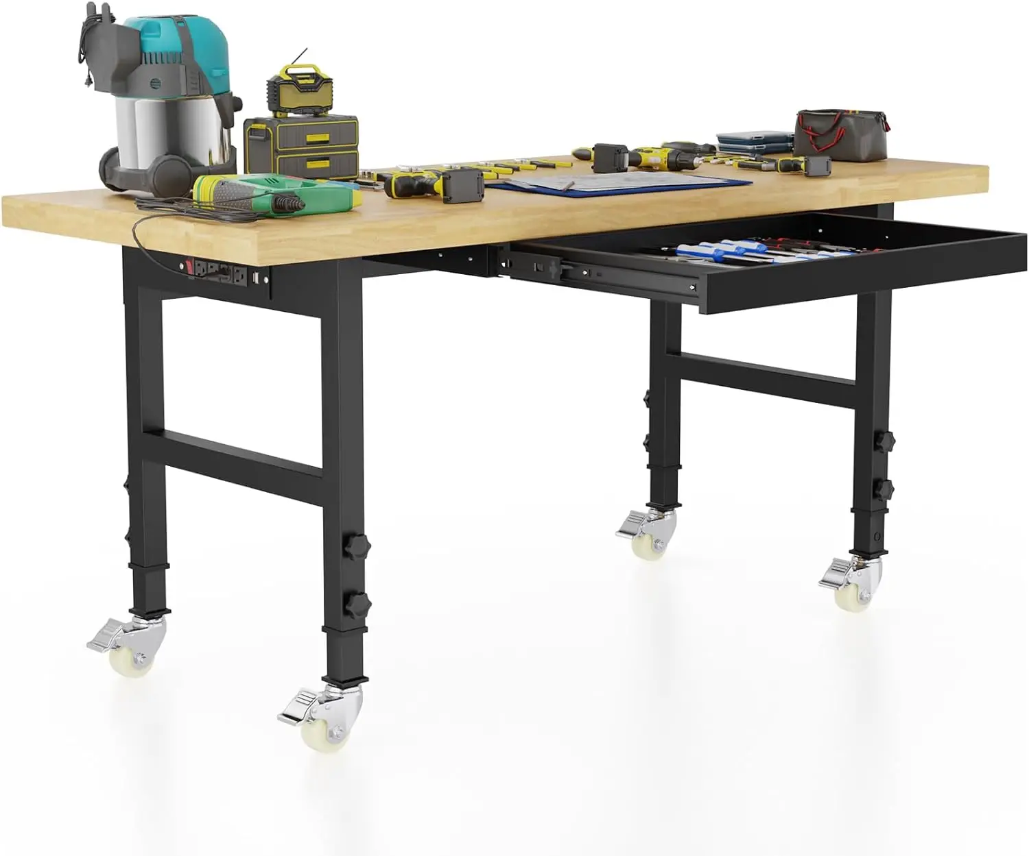 

60'' Adjustable Workbench, Solid Wood Work Bench Table with Wheels and Power Outlet, Rolling Workbenchs with Drawers
