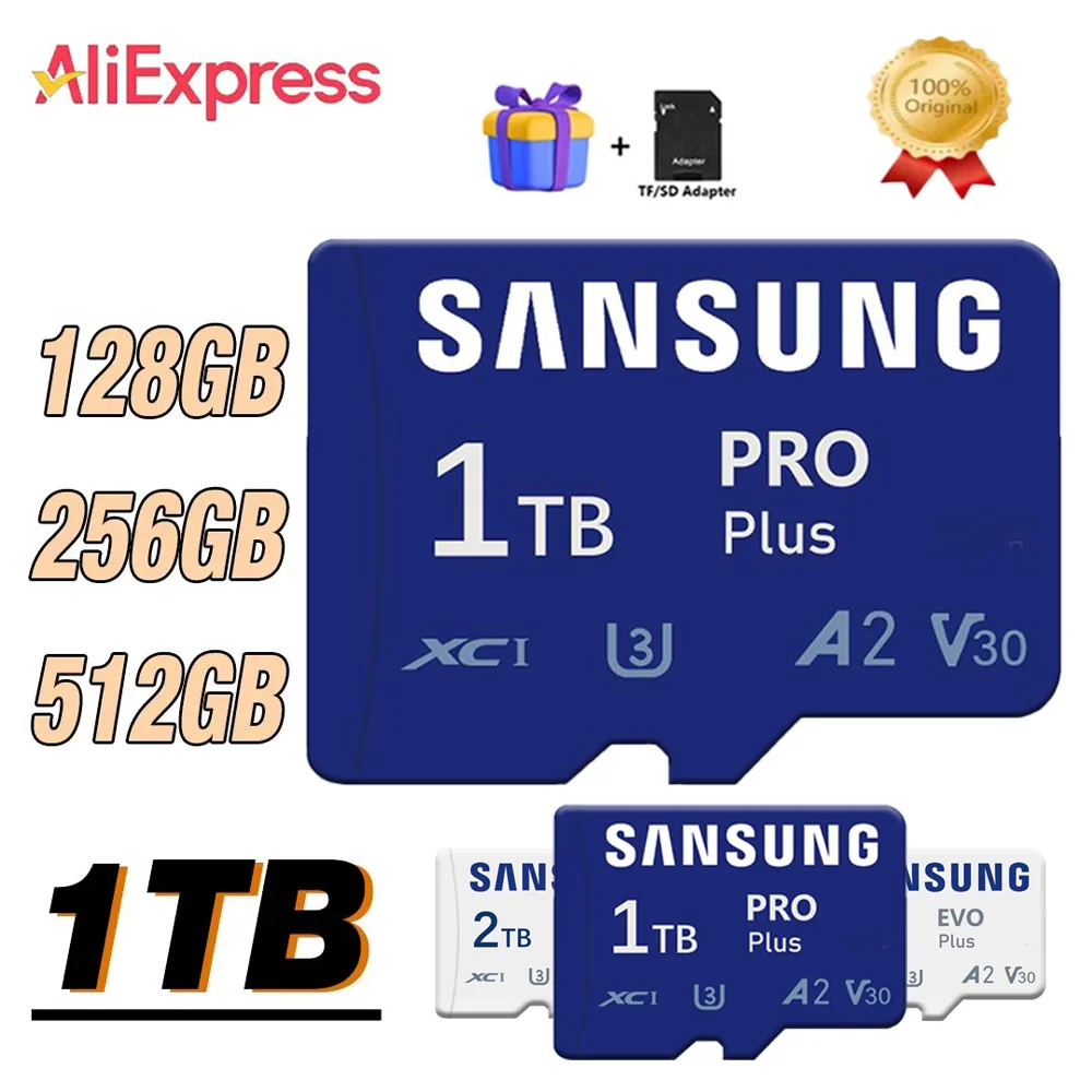 Cartão de Memória de Alta Velocidade para Smartphone, Cartão Micro SD, Cartão TF, Mini Cartão SD, PC, Câmera, 100% Original, Class10, 2TB, 512GB, 128GB