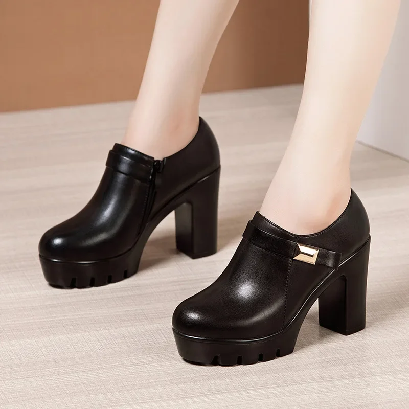 10cm Small Size 32-43 Deep mouth Platform Pumps with Fur 2024 Fall Winter Block High Heels Shoes Black for Office Model Mom