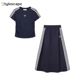 Korean Oversized Design with a Bow and Striped Short T-shirt for Women. Summer High Waisted and Sporty Half Skirt Set for Women