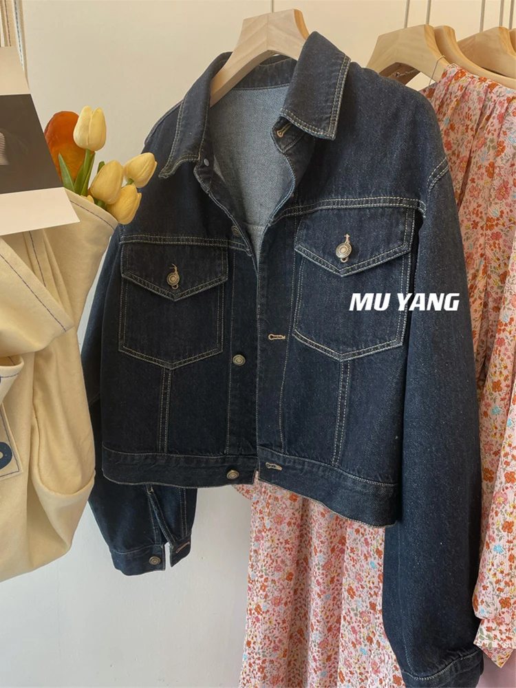 

Ретро-куртка из темно-синего денима для женщин, модная весенне-осенняя модель малого размера, брендовая, на пуговицах, европейский товар, премиум-класс для дам