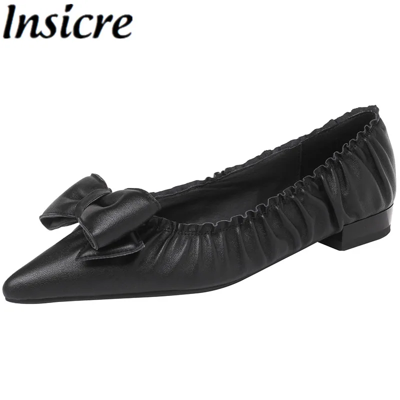 

Insicre New Arrival 2024 Women's Pumps Pointed Toe Sheepskin Butterfly Knot Thick Low Heels Full Genuine Leather Summer Shoes