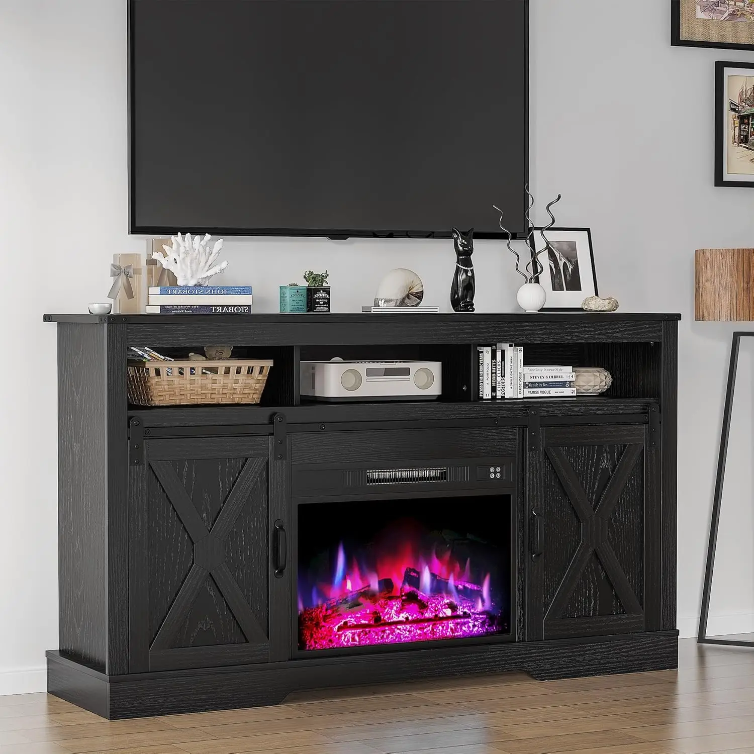 Farmhouse Fireplace TV Stand for 65+ Inch TV, Entertainment Center with 23