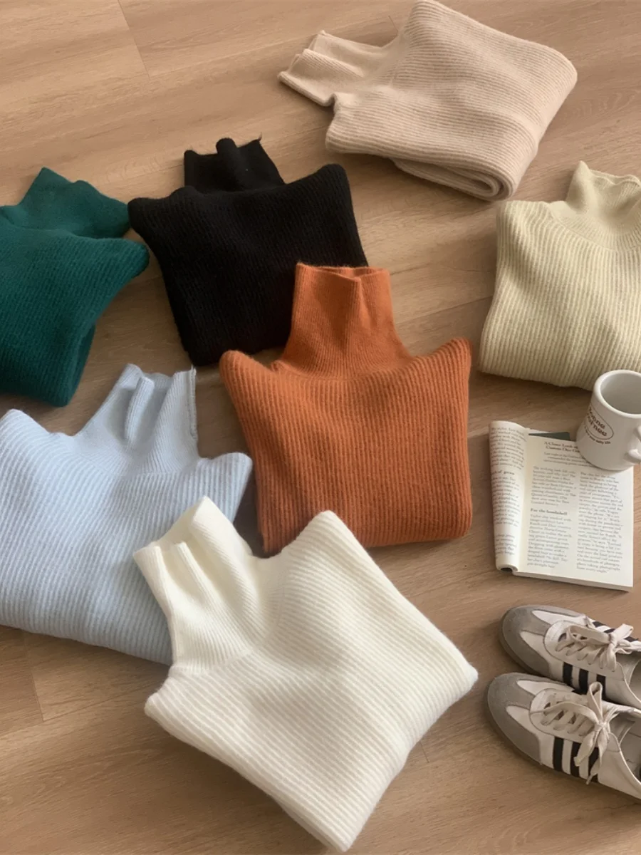 

Soft Cozy Knitted Woolen Sweater High Collar Unconstrained Vintage ape Long Sve round Ne Regular Thin Autumn Wear