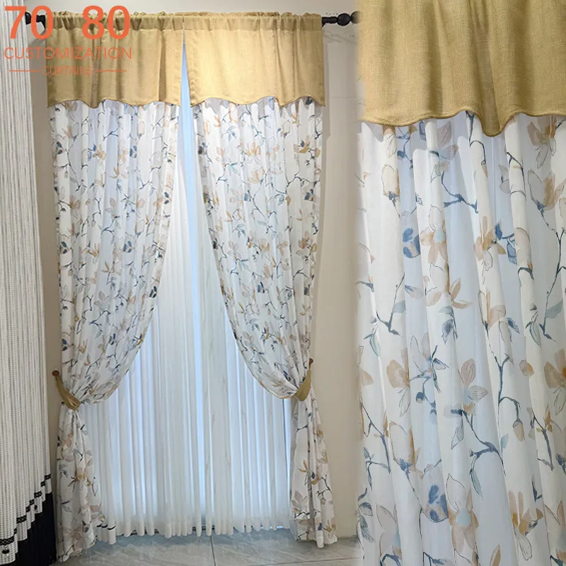 American Style Pastoral Printing Mosaic White Gauze Curtains for Living Room Bedroom French Window Balcony Window Customized