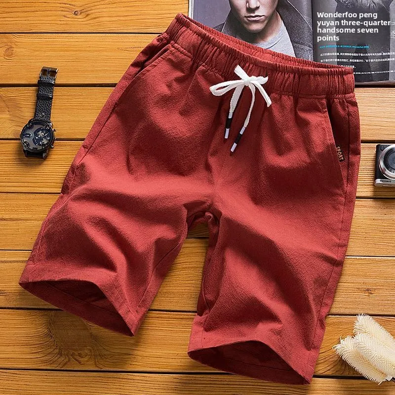 

Men's Summer Trendy orts Outerwear Thin Cotton Linen Casual Loose Beach Pants Five-Quarter Length Straight Leg Non-Stretch