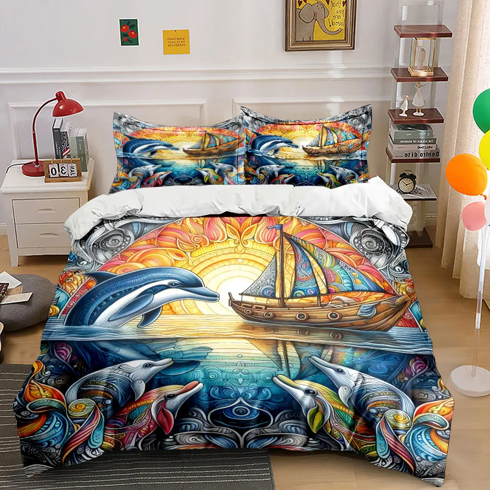 Colorful Ocean Dolphins Artwork Decor Bedding Set with 1 Duvet Cover 2 Pillowcases Single Double King Queen, Gift