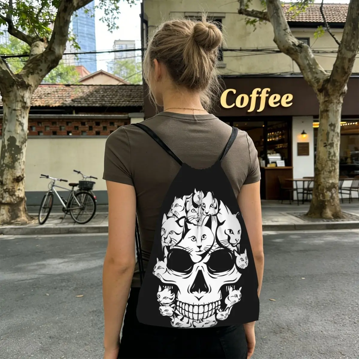 Halloween Funny Cat Skull Cat Min Backpacks Multi-function Drawstring Bundle Pocket Sports Bag Book Bags for Travel Students