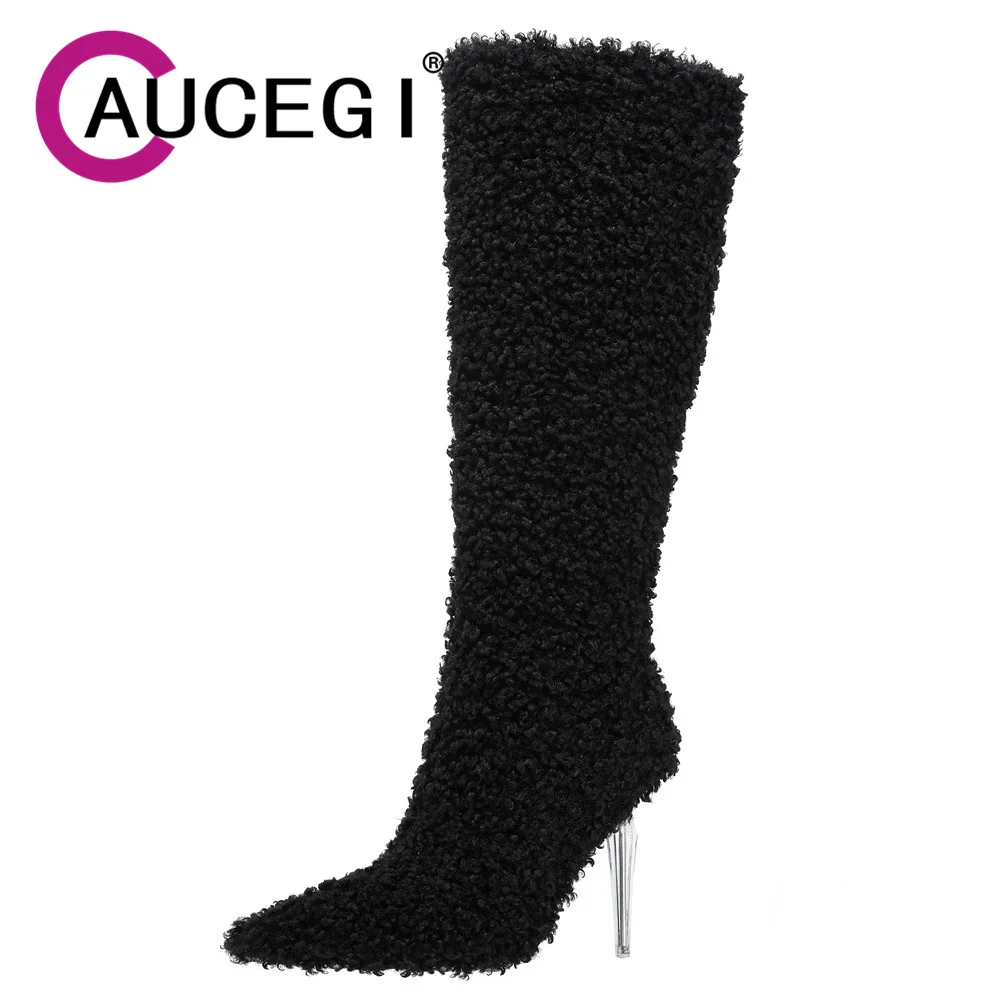

Aucegi брендовые дизайнерские черные махровые привлекательные женские сапоги до колена с острым носком на шпильке женские модельные классические сапоги большого размера 34-46