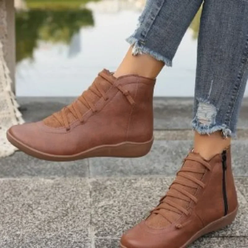 2024 Shoes Female Ankle Women's Boots Plus Size Modern Boots Women Cross-tied Round Toe Sewing Side Zip Flat with Ladies Shoes