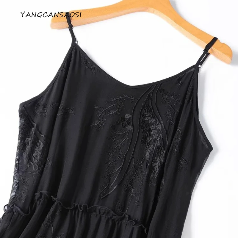 

Fashionable Black Heavy Embroidery 100% Natural Mulberry Silk Lightweight Chiffon Suspender Elegant Vacation Art Style Dress