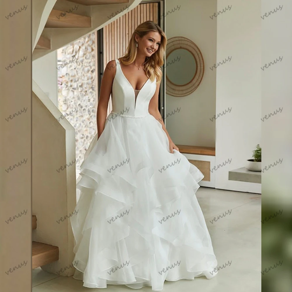 Classic Wedding Dresses A-Line Tulle Tiered Bridal Gowns Sexy Sleeveless Backless Robes For Formal Party Vestidos De Novia 2024