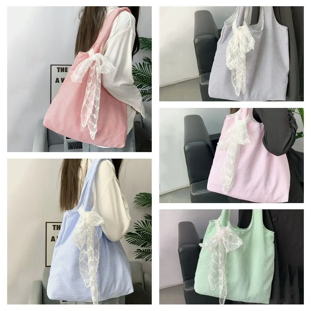 Tas Bahu Kanvas Bergaris Dengan Pita Renda Tas Hobo Kanvas Gaya Korea Tas Tote Warna Segar Tas Ketiak Kapasitas Besar