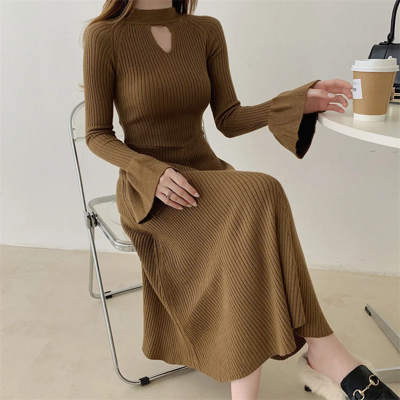 

Smvp Elegant Slim High Waist Knit Dresses Women Autumn Winter Long Sleeve Thick Warm Long Dress Vintage Streetwear Vestidos