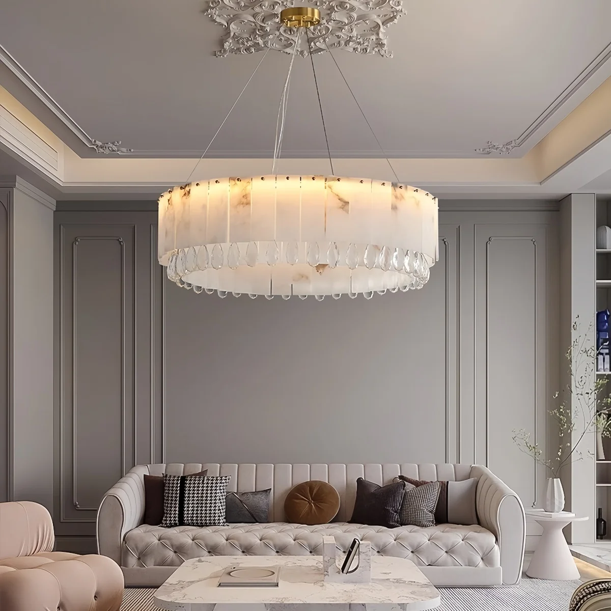 Marble Crystal Pendant Light Modern Luxury Bedroom Ceiling Chandelier for Villa Lobby Dining Living Room Alabaster Hanging Lamp