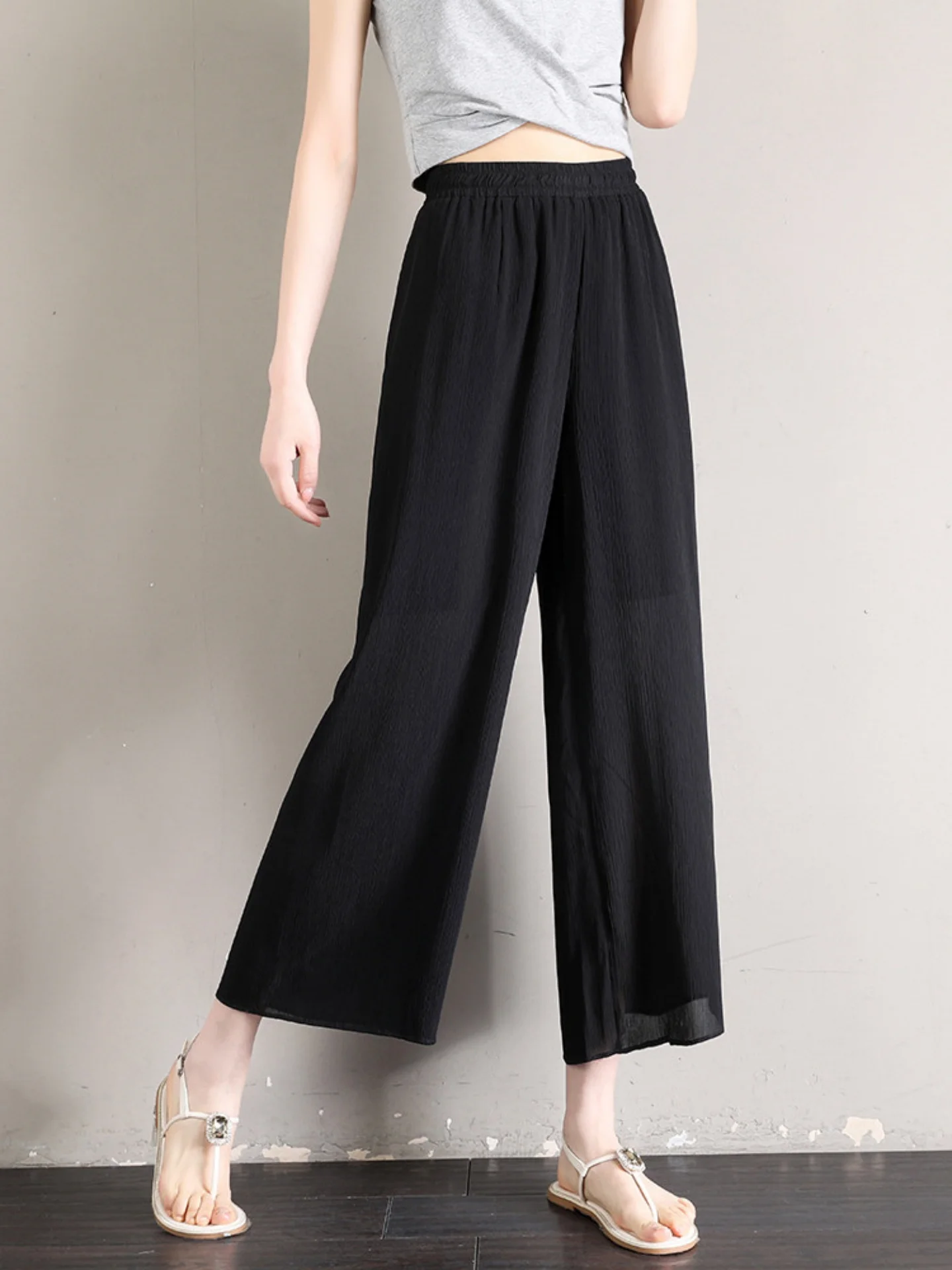 Chiffon Wide Leg Pants Women Summer Thin High Waist Nine Points Draping Elegant Straight Ice Silk Skirt Pants Casual Loose Pants