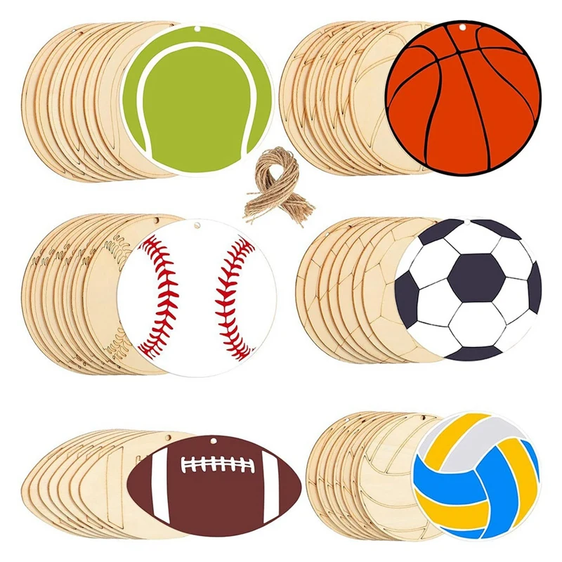 84PCS Wooden Hanging Ornament Kit Volleyball Basketball Baseball Tennis Soccer Shape Unfinished Blank Wood Chip Decorative Set