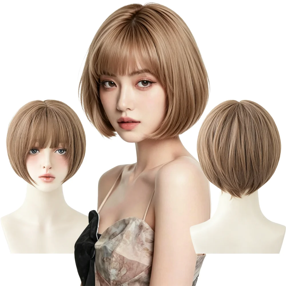 

Natural Milk Tea Brown Short Bob Wig Straight Inward With Air Bangs Soft Heat Resistant Synthetic Hair For Women Daily Party Use