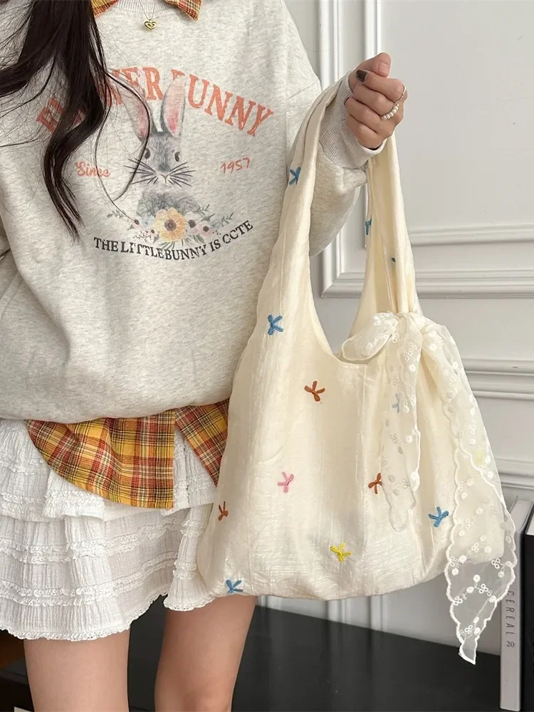 Bow Cherry Embroidered High Capacity Girls Shoulder Bags Portable Female Underarm Bag Commute Casual Ladies Shopping Book Tote