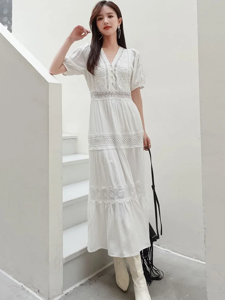 GypsyLady Floral Embroidery Chic Midi Dress White Vintage Boho Hollow Out Summer Holiday Women Casual Ladies Dresses Vestidos