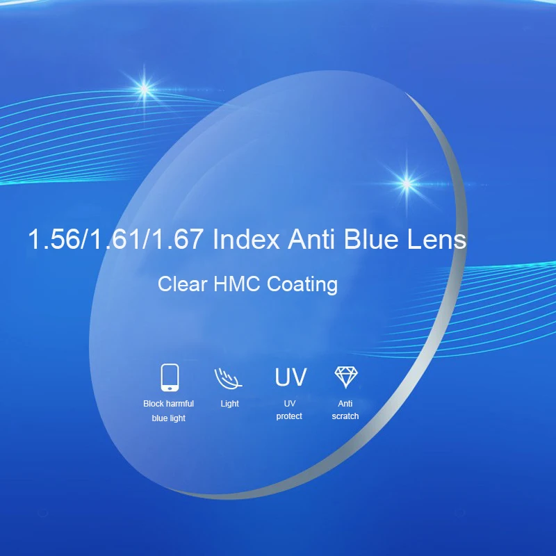 1.56 1.61 1.67 Index Single Vision Anti Blue Clear Computer HMC Green Prescription Free Lens Cut Frame Fitment RX Optical Lenses