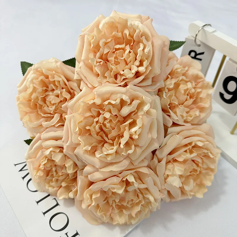 1/5 Stück Künstliche 7-Zweig-Rosen-Bündel aus Seide, Kunstblumen für Gartendekoration, Simulierte Austin-Rose, Grüne Blume für Tischdekoration – Detail 9