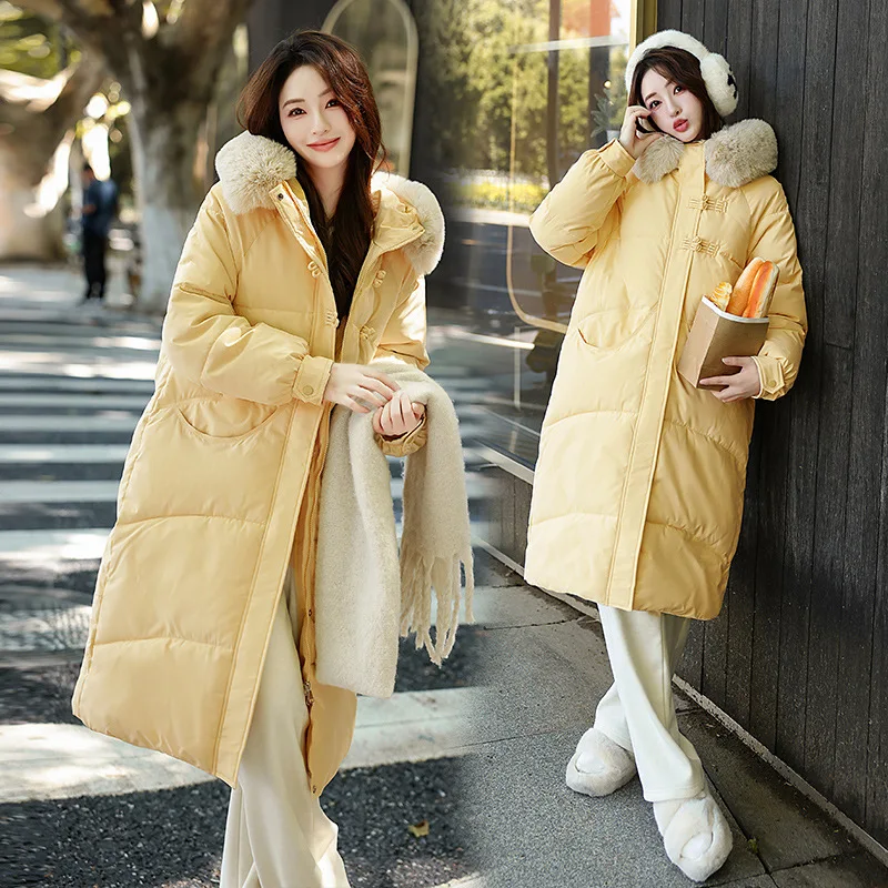 

Women's Mid-Length Parkas Cotton-Padded Jacket with Fur Collar Hooded Long Coat Girl's Over The Knee Puffer Jacket Coat Winter