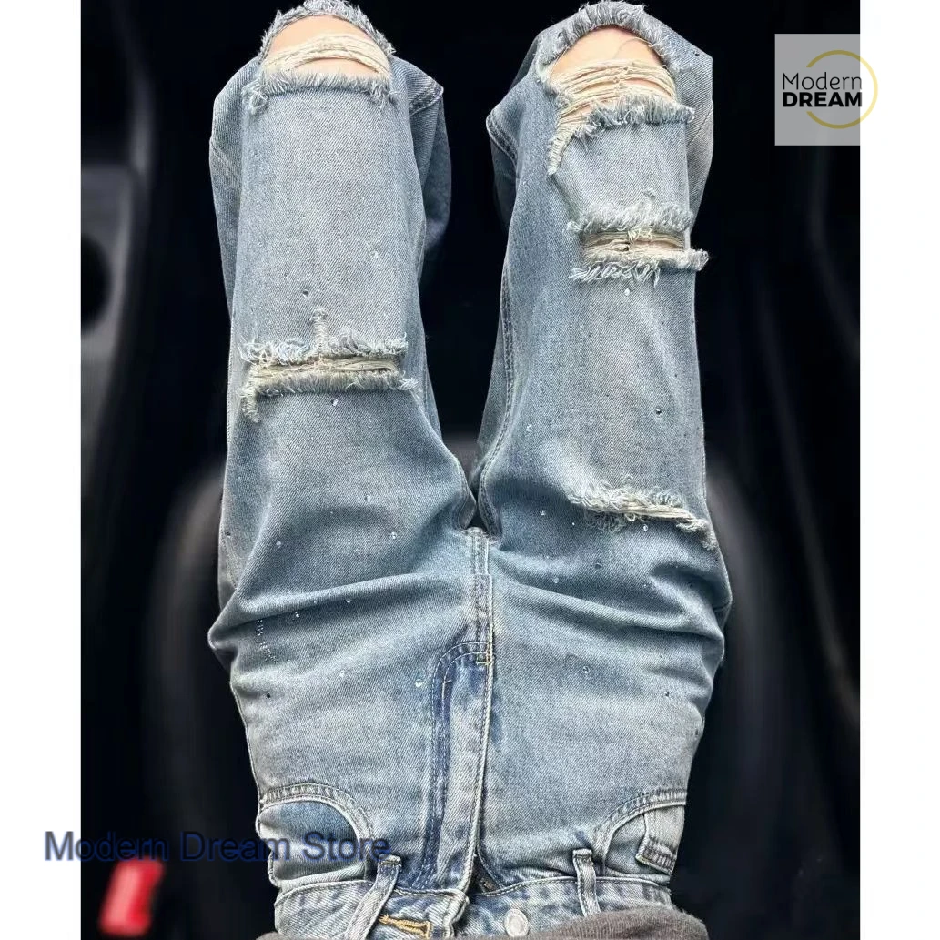 Jean droit à gros trous avec strass pour femmes, mode rétro américaine, nouveau pantalon d'été à jambes larges, taille haute, tempérament sauvage.