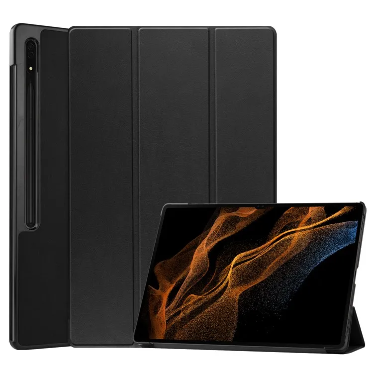 

For Samsung Galaxy Tab S8 Ultra Tri-fold Stand Tablet Case Auto Wake / Sleep Leather Tablet Cover - Black