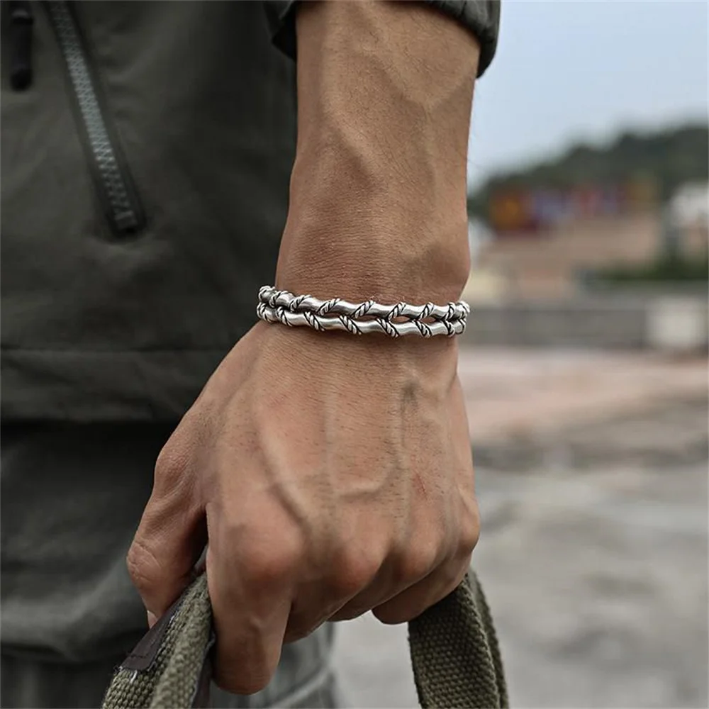 Resizable Bilayer Metal Bracelet Charm Trendy Silvery Open Bracelet For Women&Men Retro Style Metal Carving Jewelry 2024