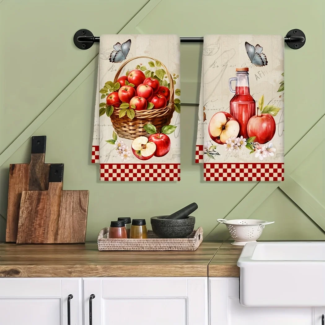 2Pcs, Red Apple and Juice Bottle Vintage Kitchen Towels, 40Cm*60Cm Towel Set, Super Absorbent Soft Cleaning Cloth, Cooking and Baking Tea Towel, Hand Towel, Cleaning Cloth, Dishcloth, Kitchen Decoration, Living Room Decorations, Kitchen Essentials, Home Essentials