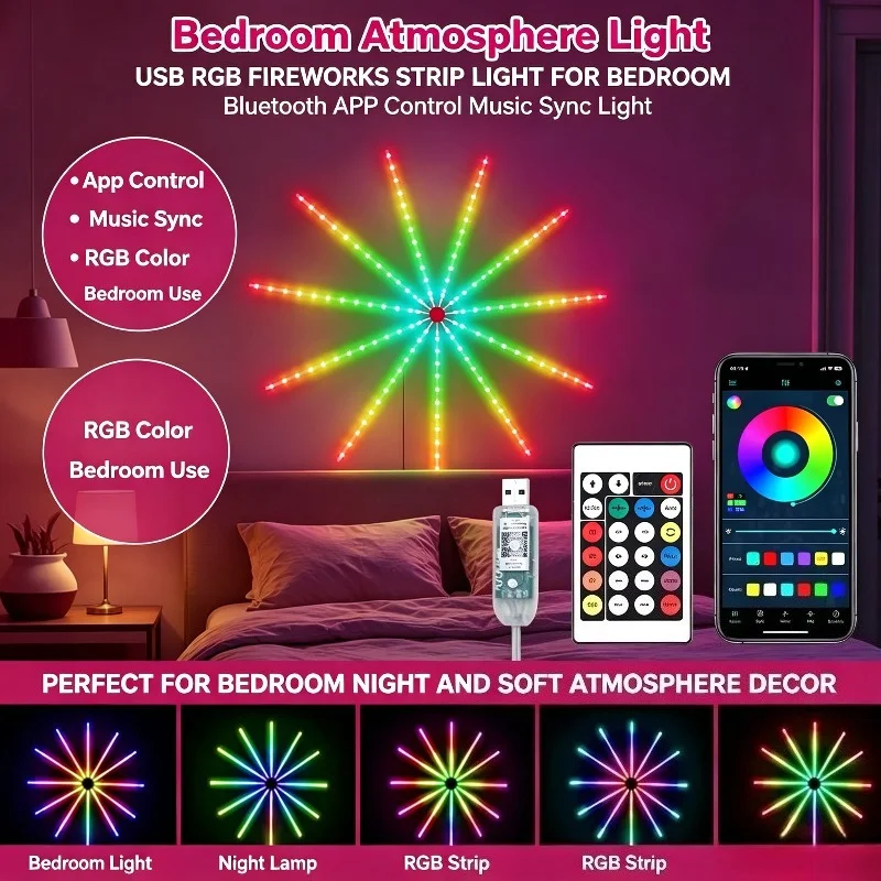 USB RGB Fireworks Strip Light APP Control Bedroom Ambient for Home Holiday Party Decor Cozy Night Ambience Lighting Glow