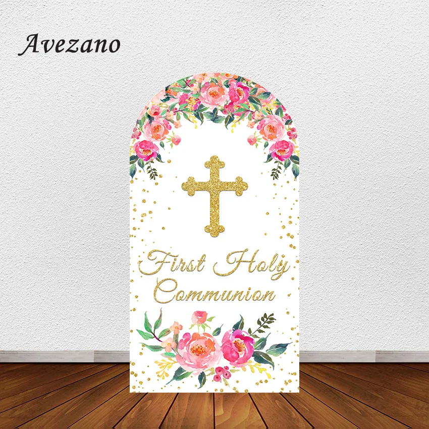 Avezano God Bless Backdrop Arch Cover Glod Cross Floral Baptism First Holy Communion Background for Photography Photo Studio