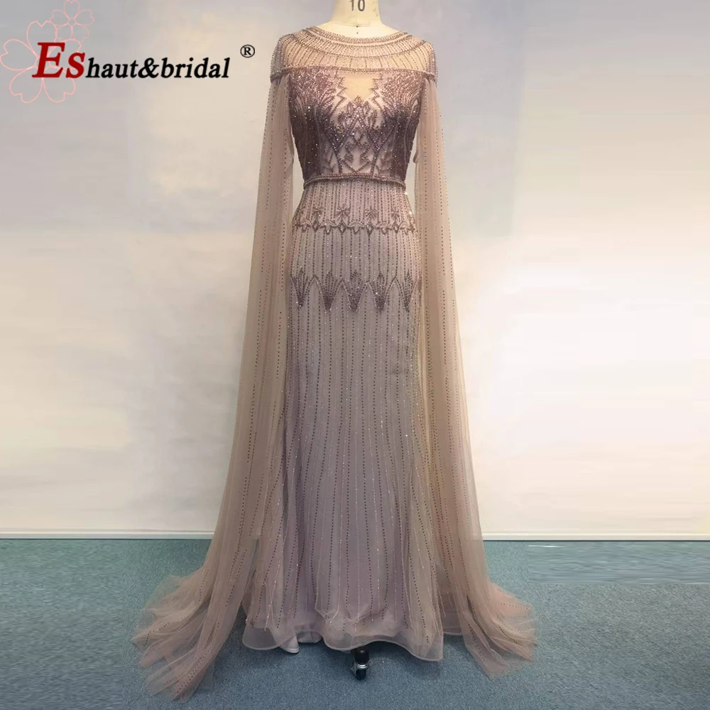 Elegante Sereia Vestido de noite feminino, Manga comprida, Gola O, Cristal, Feito à mão, Formal, Form, Vestidos de festa de casamento, 2023