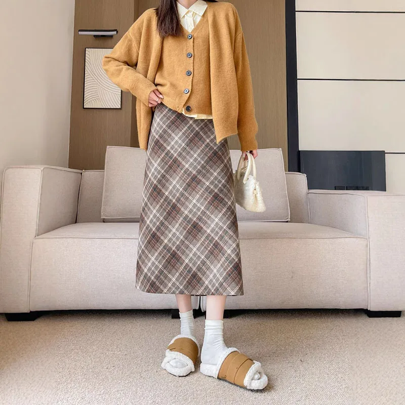 Women's High Waist A-Line Midi Skirts Winter Tweed Plaid Pencil Skirts Vintage Slim Fit Bodycon Skirt for Women Fashion Clothing
