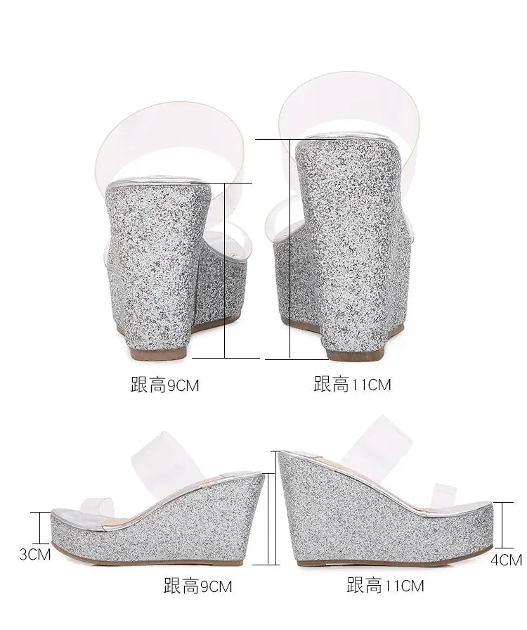 Size 30-43 Summer New All-match Platform Shoes Transparent Crystal High Heel Wedge Sandals For Women Open Toe Gold Slippers