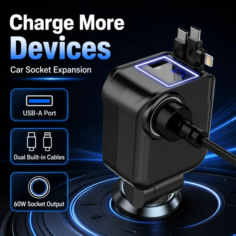 Retractable Car Charger Dual Type C Lightning Cables 60W Socket Expansion LED Display 180 Degree Adjustable 12V 24V