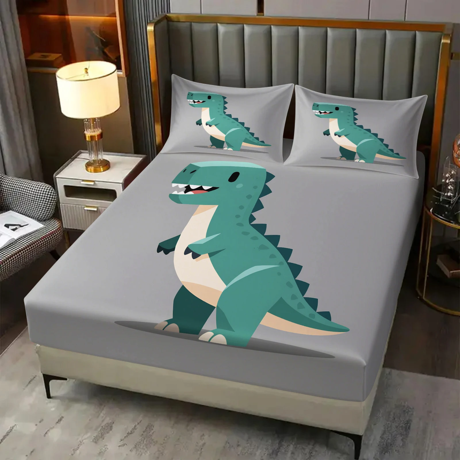 Fitted Bed Sheets Deep Pocket - 漫画風の緑色の恐竜柄のシーツセット。グレーのベースにティラノサウルスのプリントが施されたベッドシーツと枕カバー、深めのポケット付きマットレスカバー。