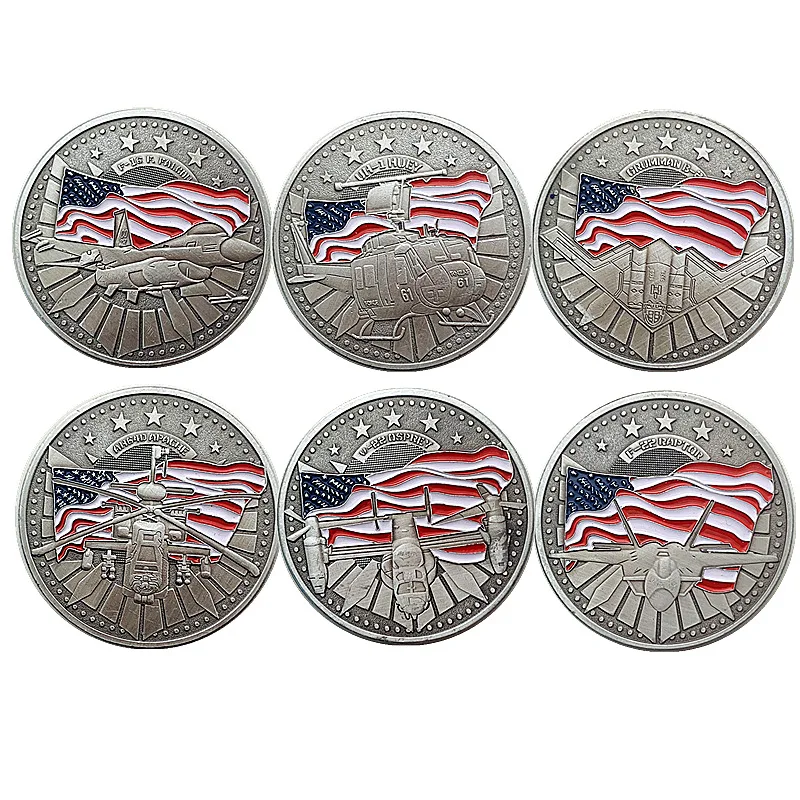 6 tipos de aviones americanos V22 Osprey Fighter Helicóptero Medalla F16 con bandera americana Plata Leaving Honor Orden de Prey Moneda