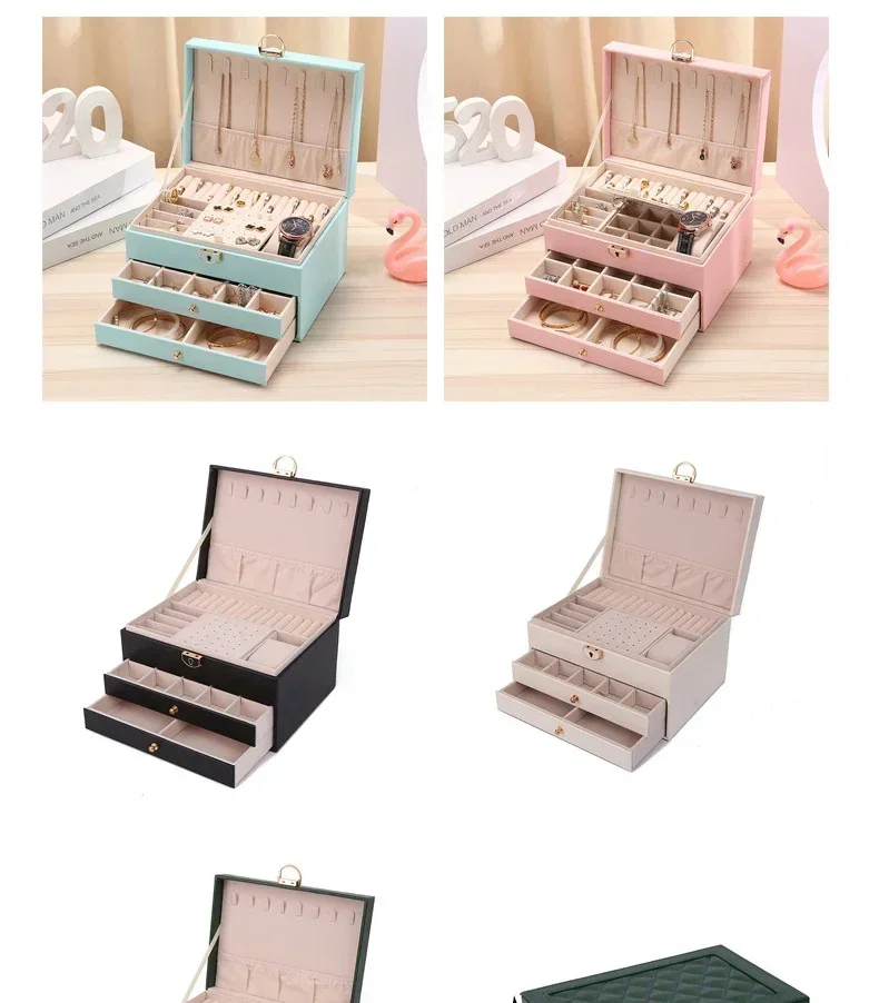 Multi Functional Three Layer Leather Drawer Necklace Earrings Bracelets Large Jewelry Storage Box Organizer Packaging Display