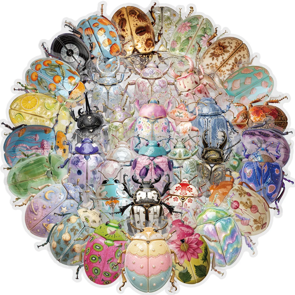 10/30/50pcs Cute Colorful Patterned Beetle Stickers Transparent Graffiti Decals Stationery Notebook Phone Cartoon Insect Sticker