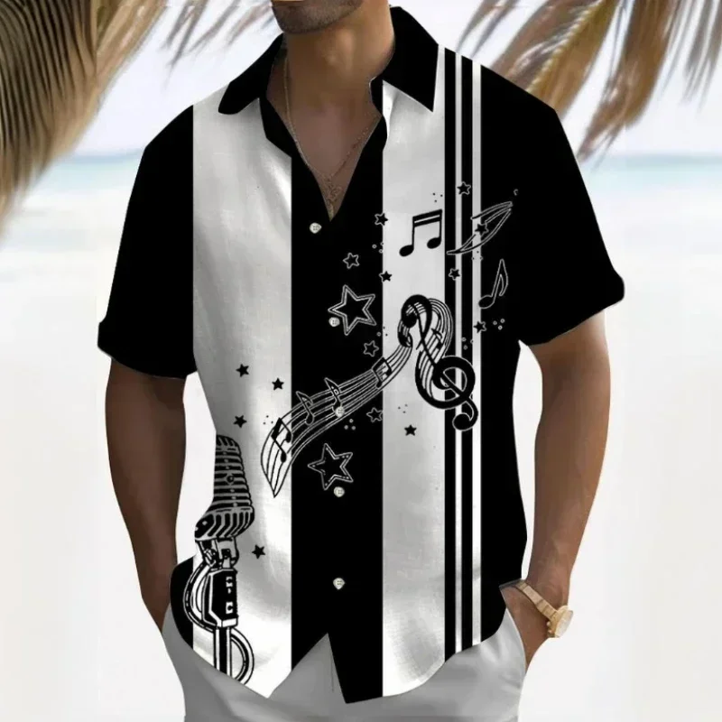 Hawaiian Shirts for Men Short Sleeve Shirt 3d Music Symbol Print Summer Beach Casual Man Clothing Loose Oversized Men Shirt Tops
