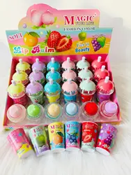 24 Pcs New Hot Selling Supplier Cosmetics Natural Fruit Essence Colorless Cute Drink Vegetarian Moisturizing Lip Balm