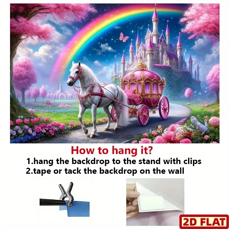 2D Flat - 1pc Fairy Tale Castle Backdrop Banner | Vibrant Rainbow Pink Castle Design with White Horse Carriage, Butterflies,